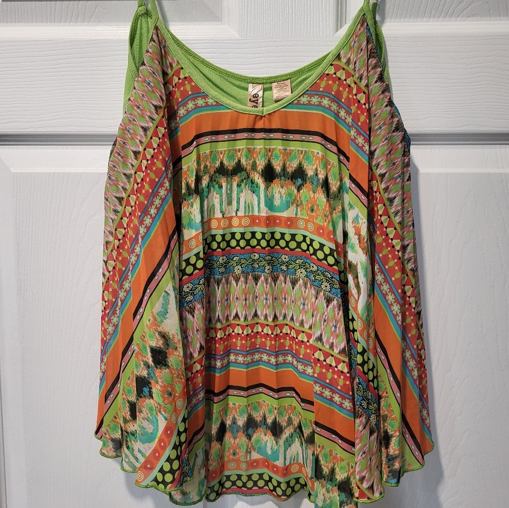 Eyeshadow Green and Orange Graphic Asymmetrical Tank Top